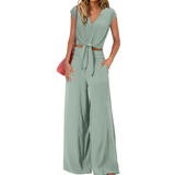 Michelle - V-Ausschnitt Crop Top mit Knoten vorne und weit geschnittene Hose Set – Hellgrün