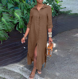 Leinenkleid - Langärmliges, lockeres Maxikleid mit Knöpfen für den Sommer – Braun