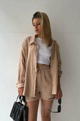 Lässiges 2-Teiler Damen Set – Oversize Hemd & Shorts aus Musselin | Zendoo.de – Khaki