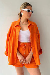 Lässiges 2-Teiler Damen Set – Oversize Hemd & Shorts aus Musselin | Zendoo.de – Orange