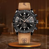 Premium Chronograph Uhr Mit Leuchtdatum, Wasserdicht, Stoßfest, Elegantes Design – Ganz schwarz (Lederband)