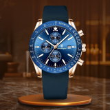 Premium Chronograph Uhr Mit Leuchtdatum, Wasserdicht, Stoßfest, Elegantes Design – Gold Blau (Silikonband)