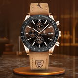 Premium Chronograph Uhr Mit Leuchtdatum, Wasserdicht, Stoßfest, Elegantes Design – Gold Braun (Lederband)