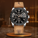 Premium Chronograph Uhr Mit Leuchtdatum, Wasserdicht, Stoßfest, Elegantes Design – Silber Schwarz (Lederband)