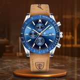 Premium Chronograph Uhr Mit Leuchtdatum, Wasserdicht, Stoßfest, Elegantes Design – Silber Blau (Lederband)