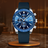 Premium Chronograph Uhr Mit Leuchtdatum, Wasserdicht, Stoßfest, Elegantes Design – Silber Blau (Silikonband)
