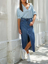 Inaya | Stilvoller Midi-Denimrock mit seitlichem Schlitz – Dunkelblau