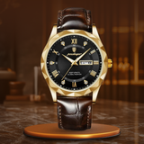 Fadenburg Luxus Quarzuhr Mit Lederarmband, Wasserdicht, Leuchtendes Display, 3ATM, Schockresistent – Gold Schwarz
