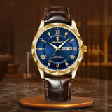 Fadenburg Luxus Quarzuhr Mit Lederarmband, Wasserdicht, Leuchtendes Display, 3ATM, Schockresistent – Gold Blau