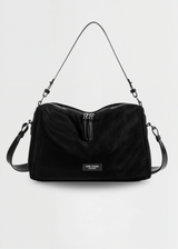 Vegane Wildleder Umhängetasche Damen – Kompakte Bucket Bag mit Reißverschluss – Schwarz