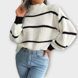 Greta | Gestreifter Rollkragenpullover – Weiß