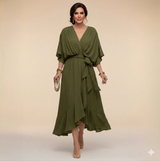 Marta | Damen Chiffonkleid V-Ausschnitt – Fließendes Chiffon Kleid – Grün