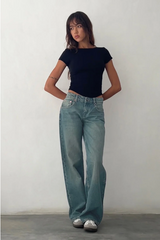 Damen Jeans | niedrige Taille mit gerader Beinführung – Graublau