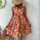 Damenkleid Baumwolle Blumenmuster Sommerkleid mit V-Ausschnitt und kurzen Ärmeln – Orange
