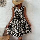 Damenkleid Baumwolle Blumenmuster Sommerkleid mit V-Ausschnitt und kurzen Ärmeln – Schwarz