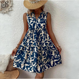 Damenkleid Baumwolle Blumenmuster Sommerkleid mit V-Ausschnitt und kurzen Ärmeln – Blau