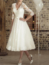 Damen Jahrgang 3/4 Ärmel Brautkleid | Midi – Elfenbein