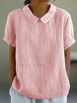 Damen-Leinenbluse mit Bubikragen, Kurzarm, atmungsaktiv – Rosa