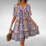 Kurzkleid im Boho-Stil mit V-Ausschnitt und Ethno-Muster – Blau