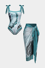 Angela | Zweiteiliges Badeanzug-Set mit abstraktem Print, Schleifen-Trägern und Pareo – Blau
