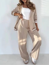 Damenanzug – Elegantes Zweiteiler-Set mit Blazer und weiter Hose – Khaki