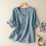 Eva | Bogenkragen Knopfdetail Bluse – Blau