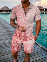 Herren Freizeit-Set | zweiteiliges Outfit mit Aufdruck – Rosa/Grau
