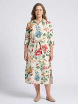 Maribel | Knopf-Front Halbarm Blumen-Midi-Kleid – Blumen