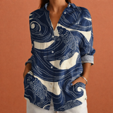 Bedruckte Damenbluse mit klassischem Kragen und Knopfverschluss | Yvonne – Marineblau
