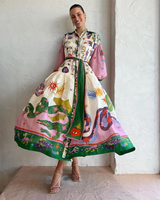 Matilda - Langes Kleid mit Vintage-Print und Polokragen für Damen – Rosa
