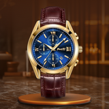 Fadenburg Herren Business Quarzuhr Mit Lederarmband, Datumsanzeige, 3ATM Wasserfest – Gold Blau