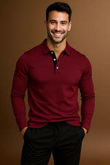 Spencer | Langarm Gerippte Bündchen Poloshirt – Wine Rot