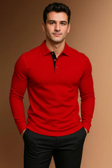 Spencer | Langarm Gerippte Bündchen Poloshirt – Rot
