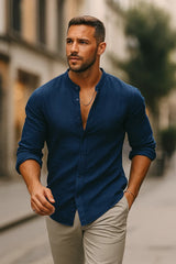 Jarle | Herren Leinen Langarmhemd – Blau