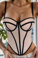 Cecilia | Elegantes Mesh-Korsett-Top mit Kontrastpaspeln – Creme