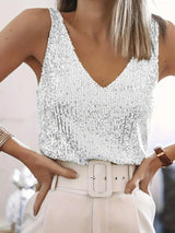 Michelle | Tanktop mit Pailletten und V Ausschnitt – Weiß