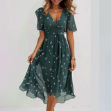 Damen Midikleid Viskose mit V-Ausschnitt und Blumenmuster – eleganter Sommerstil – Grün