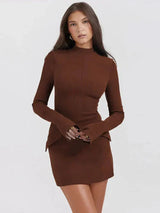 Damen Langarm Mini Etui Kleid – Braun