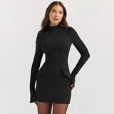 Damen Langarm Mini Etui Kleid – Schwarz