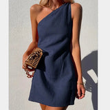 Geneva – One-Shoulder-Minikleid aus Leinen – Blau