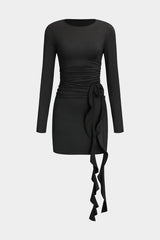 Valeria | Elegantes Schwarzes Langärmliges Minikleid – Figurbetonte Passform mit Drapierung & Rosendetail – Schwarz