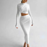 Damen Zweiteiler – Geripptes Stretch-Material – Langarm & Wickel-Crop-Top – Weiß