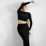 Damen Zweiteiler – Geripptes Stretch-Material – Langarm & Wickel-Crop-Top – Schwarz
