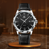 Multifunktions-Chronographenuhr Mit Quarzwerk, 3ATM Wasserdichtigkeit & Leuchtzeigern für Männer – Leder Silber Schwarz