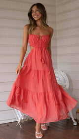 Damen Maxi Kleid Baumwolle Ärmellos Luftiger Schnitt Sommerstil – Wassermelonenrot
