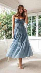 Damen Maxi Kleid Baumwolle Ärmellos Luftiger Schnitt Sommerstil – Denim blau