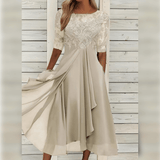 Damen Kleid | Midilänge mit hohem Bund und Rundhalsausschnitt – beige