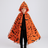 Noctira | Vintage-Halloween-Kapuzenumhang mit Spinnennetz- und Fledermaus-Print – Orange