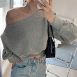 Natasha Gekürztes Schulterfreies Sweatshirt – Hell Grau