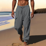 Herren nan luftige Leinen-Mix Strandhose mit Cargo-Taschen und elastischem Saum Drune – Eisengrau